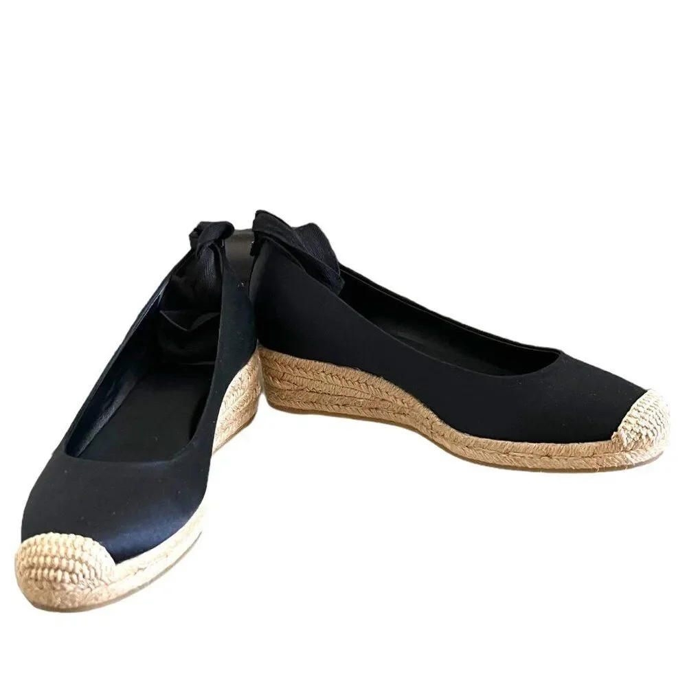 Tory Burch Heather Satin Wedge Espadrille In Black Size 6.5